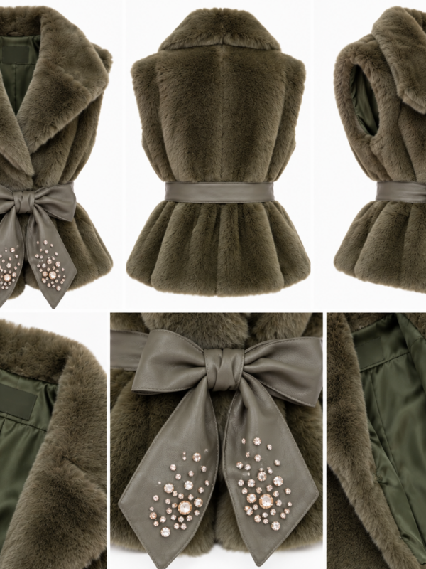 Gilet in eco pelliccia con cintura gioiello Militare - D'L Giulia Mastini